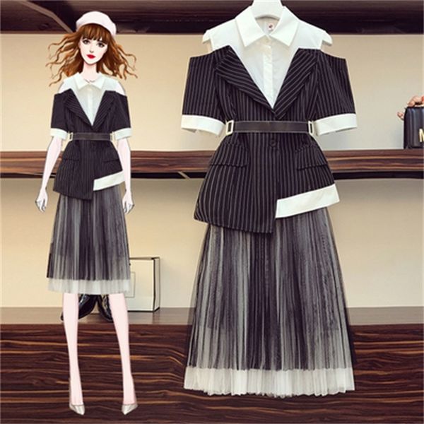 outside the upper shoulder and skirt striped seam attached jacket femme deux pieces qckr, White
outside the upper shoulder and skirt striped seam attached jacket femme deux pieces qckr, White