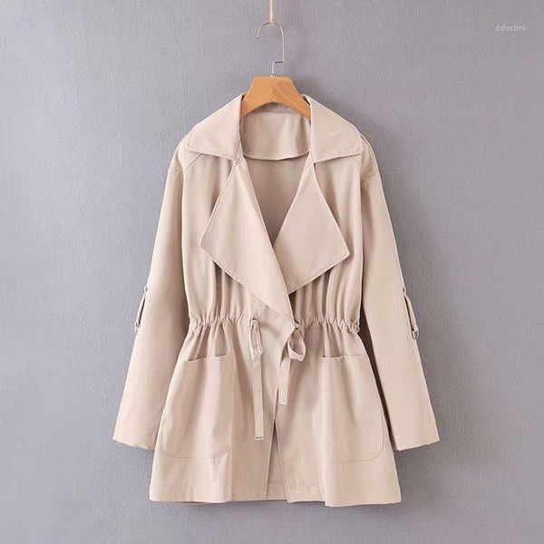 wowen's trench turn down collar female drawstring windbreaker with pockets casual coat1, Tan;black 
wowen's trench turn down collar female drawstring windbreaker with pockets casual coat1, Tan;black