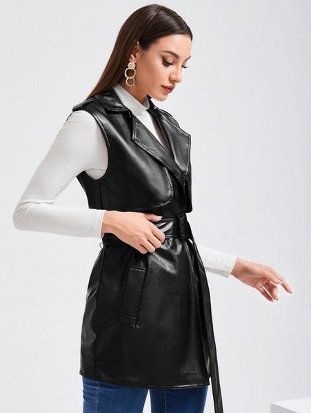 sleeveless belted pu leather trench coat 62jw#, Tan;black
sleeveless belted pu leather trench coat 62jw#, Tan;black