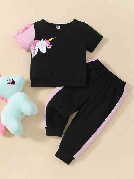 baby unicorn print contrast panel frill trim tee & sweatpants she, White 
baby unicorn print contrast panel frill trim tee & sweatpants she, White