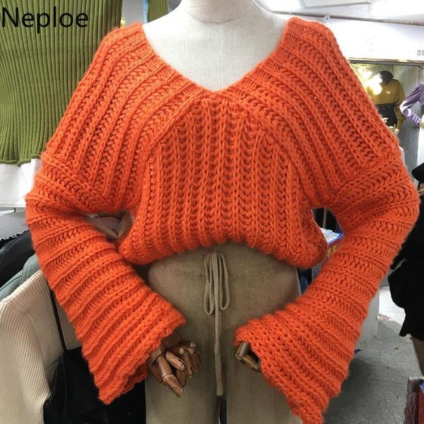 

neploe solid v neck short pullover knit sweater hollow out lumber pull femme puff long sleeve thicked loose winter 468811, White;black
