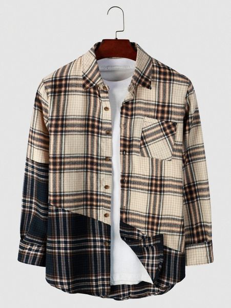 men color block & plaid print shirt s9ie#, White;black
men color block & plaid print shirt s9ie#, White;black