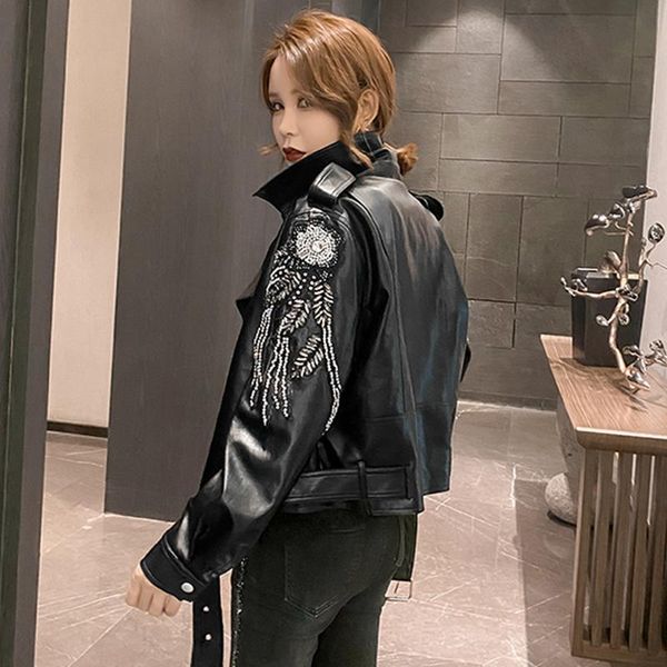 women's leather & faux 2021 hand embroidery pu jacket women fashion bomber coat motorcycle jackets streetwear py161, Black
women's leather & faux 2021 hand embroidery pu jacket women fashion bomber coat motorcycle jackets streetwear py161, Black