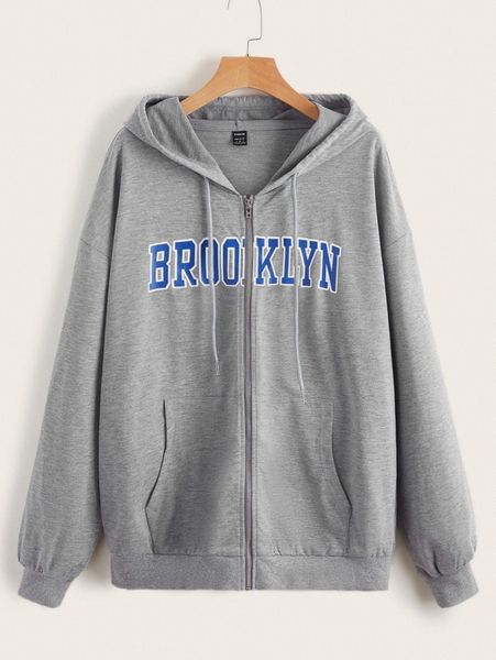 letter graphic zipper up drawstring hooded sweatshirt 83rk#, White;black 
letter graphic zipper up drawstring hooded sweatshirt 83rk#, White;black