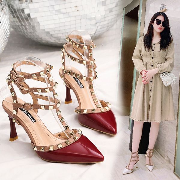 red spring 2020 new style pointed high heels fashion rivet sandals t-shaped buckle show thin thin thin women's shoes, Black
red spring 2020 new style pointed high heels fashion rivet sandals t-shaped buckle show thin thin thin women's shoes, Black