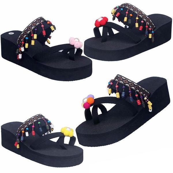 flip-flop beach shoes ladies summer high-heeled slippers ladies fashion personality style flip flops thick bottom seaside fringed sandals, Black 
flip-flop beach shoes ladies summer high-heeled slippers ladies fashion personality style flip flops thick bottom seaside fringed sandals, Black