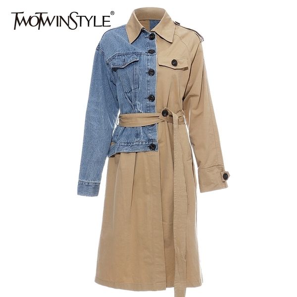 twotwinstyle asymmetrical patchwork denim women's trench coats lapel collar long sleeve loose female windbreaker autumn new 201006, Tan;black
twotwinstyle asymmetrical patchwork denim women's trench coats lapel collar long sleeve loose female windbreaker autumn new 201006, Tan;black