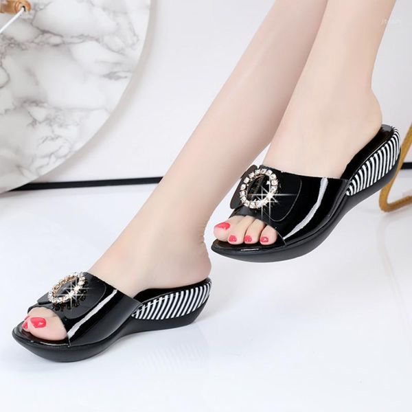 women slippers ladies shoes summer genuine leather wedges mid heel crystal butterfly knot striped fashion casual outdoor beach1, Black
women slippers ladies shoes summer genuine leather wedges mid heel crystal butterfly knot striped fashion casual outdoor beach1, Black