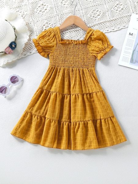 toddler girls shirred frill trim puff sleeve ruffle hem smock dress she, Red;yellow