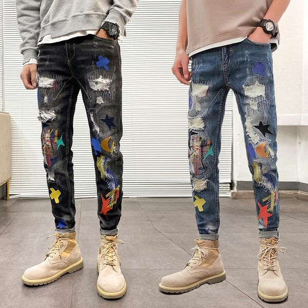 korean style fashion men jeans elastic cotton ripped denim punk trousers embroidery designer streetwear hip hop pencil pants, Blue
korean style fashion men jeans elastic cotton ripped denim punk trousers embroidery designer streetwear hip hop pencil pants, Blue