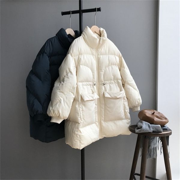 korean style loose padded parka pockets winter jacket women's zipper stand collar drawstring down jacket oversize coat outerwear lj2011, Black