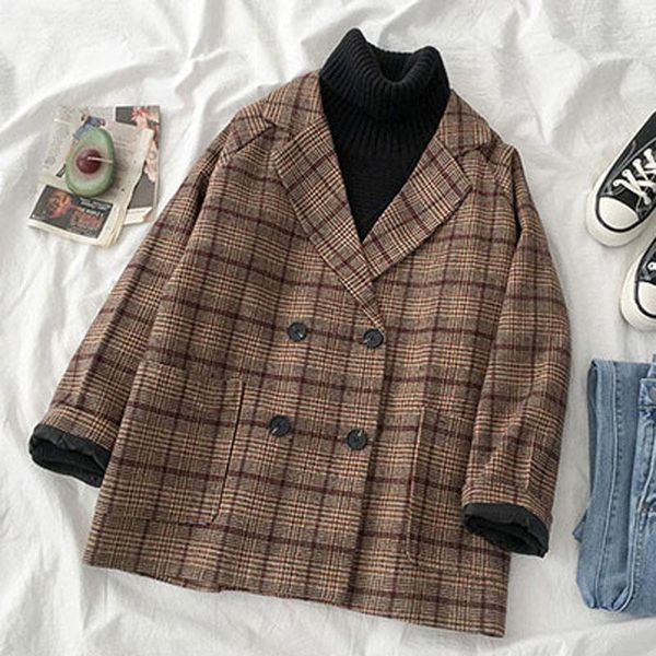 women's wool & blends vintage plaid women coats winter loose long sleeve spring woolen elegant streetwear office lady casual clothes, Black
women's wool & blends vintage plaid women coats winter loose long sleeve spring woolen elegant streetwear office lady casual clothes, Black