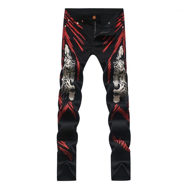 men's fashion red lines tiger print jeans colored drawing slim stretch black denim pants long trousers1, Blue
men's fashion red lines tiger print jeans colored drawing slim stretch black denim pants long trousers1, Blue