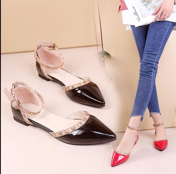 women flats shoes pointed toe shallow rivet patent leather gladiator women ballet flat casual single shoes, Black