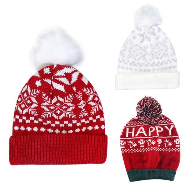 

women christmas snowflake winter knitted beanie hat cute fluffy pompom stretch cuffed skull cap ear warmer holiday festival part, Blue;gray