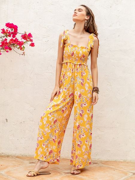 rusttydustty knot straps shirred frill floral wide leg jumpsuit f6sd#, White
