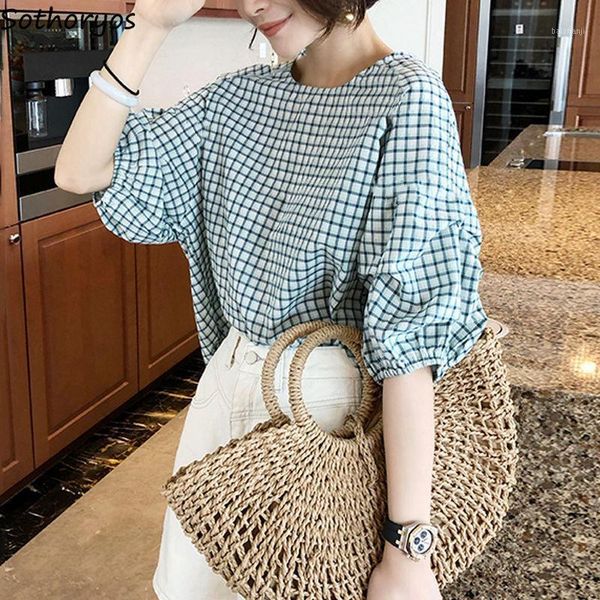 women shirts female blouses plaid printed half sleeve puff o-neck elegant korean office ladies loose pullover trendy casual chic1, White
women shirts female blouses plaid printed half sleeve puff o-neck elegant korean office ladies loose pullover trendy casual chic1, White