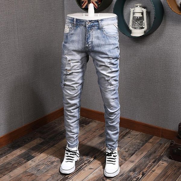 men's jeans ly designer fashion men retro light blue destroyed ripped denim pencil pants streetwear hip hop elastic slim trousers
men's jeans ly designer fashion men retro light blue destroyed ripped denim pencil pants streetwear hip hop elastic slim trousers