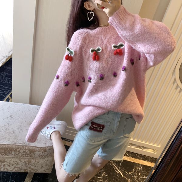 21 early spring new Mori lazy top sweet cherry age reducing loose pink sweater, Black;white
21 early spring new Mori lazy top sweet cherry age reducing loose pink sweater, Black;white