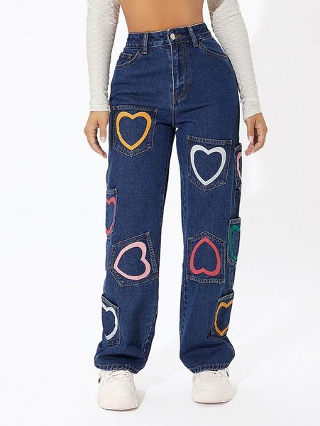 petite heart print high waist straight leg jeans i4ce#, Blue