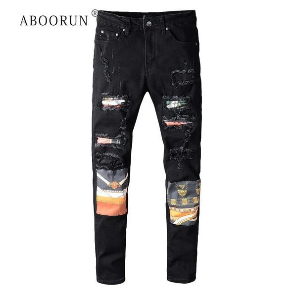 men's jeans aboorun hi street skinny printed patchwork black ripped hole for male, Blue
men's jeans aboorun hi street skinny printed patchwork black ripped hole for male, Blue