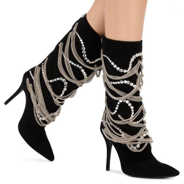 woman knee high boots metal chain bling bling crystal embellished 12 cm super high heels catwalk mid calf boots chains beading1, Black
woman knee high boots metal chain bling bling crystal embellished 12 cm super high heels catwalk mid calf boots chains beading1, Black