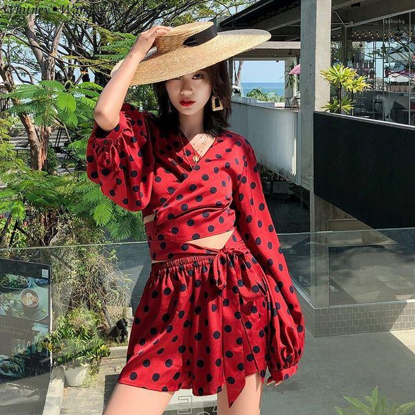 whitney wang 2019 summer fashion streetwear vintage polka dot wrap blouse and shorts suits women 2 pieces sets1, White 
whitney wang 2019 summer fashion streetwear vintage polka dot wrap blouse and shorts suits women 2 pieces sets1, White