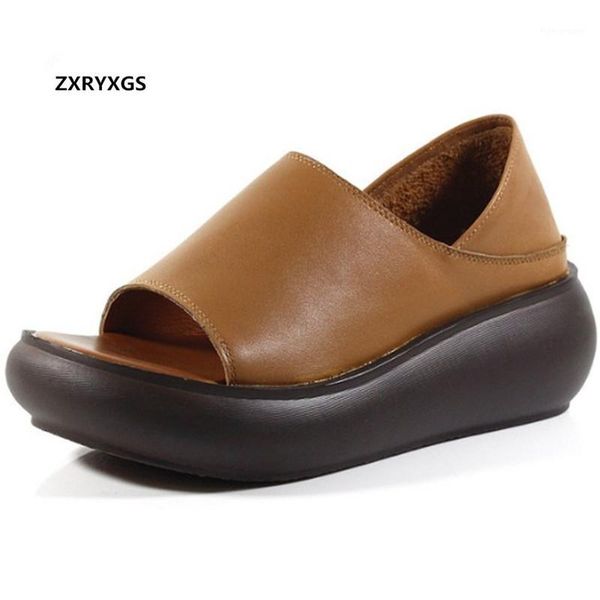 sandals 2021 fish mouth cowhide leather summer women shoes platform wedges comfort personality women1, Black