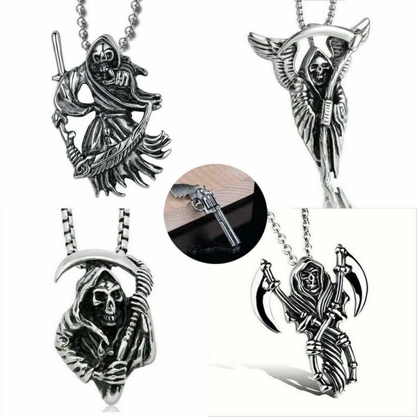 men death grim reaper skull pistol pendant necklace men retro punk hip hop stainless steel necklaces jewelry gifts, Silver
men death grim reaper skull pistol pendant necklace men retro punk hip hop stainless steel necklaces jewelry gifts, Silver