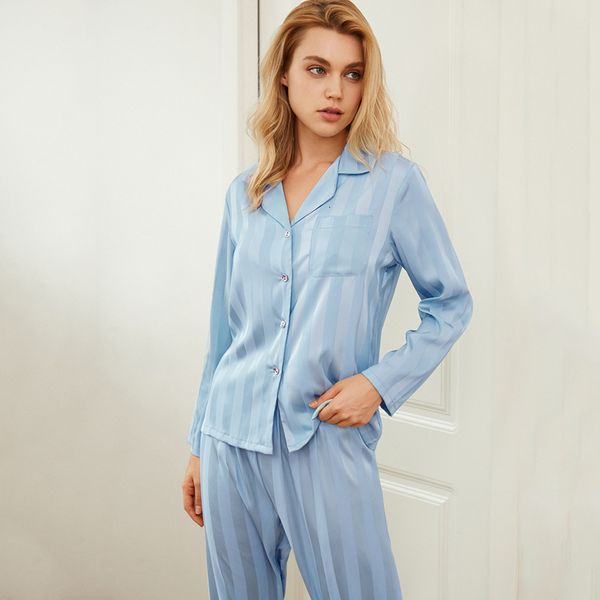 2021 new spring summer satin striped pyjamas released homewear turn down collar long sleeve single female breasted sets z1no, White
2021 new spring summer satin striped pyjamas released homewear turn down collar long sleeve single female breasted sets z1no, White