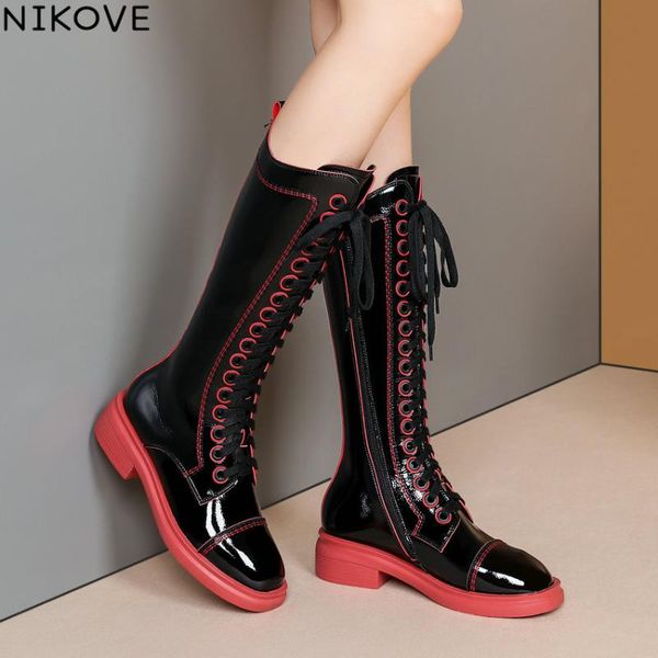 nikove 2021 patent leather mid calf boots round toe sewing long boots lace up zipper winter fashion women shoes size 34-39, Black
nikove 2021 patent leather mid calf boots round toe sewing long boots lace up zipper winter fashion women shoes size 34-39, Black