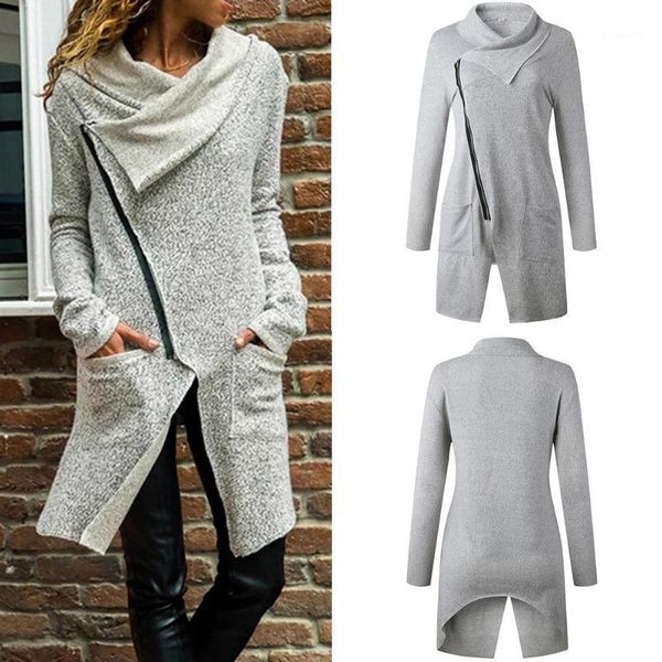women oblique zipper coat lapel collar long sleeves autumn outwear with pockets d881, Tan;black
women oblique zipper coat lapel collar long sleeves autumn outwear with pockets d881, Tan;black