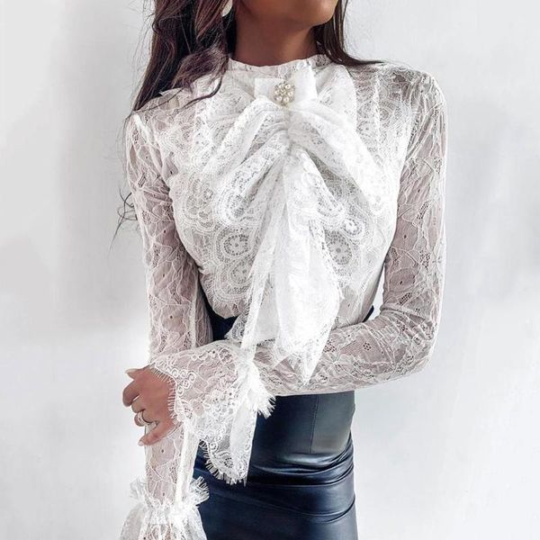 women solid color lace long sleeve bowknot decor slims fits shirt blouse top, White
women solid color lace long sleeve bowknot decor slims fits shirt blouse top, White