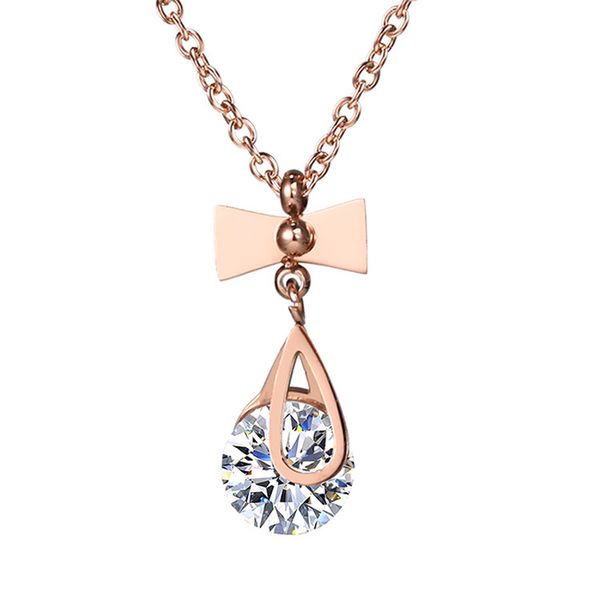 

New Fashion Rose Gold Plated Stainless Steel Bow Pendant Chain Necklace for Womens Gift