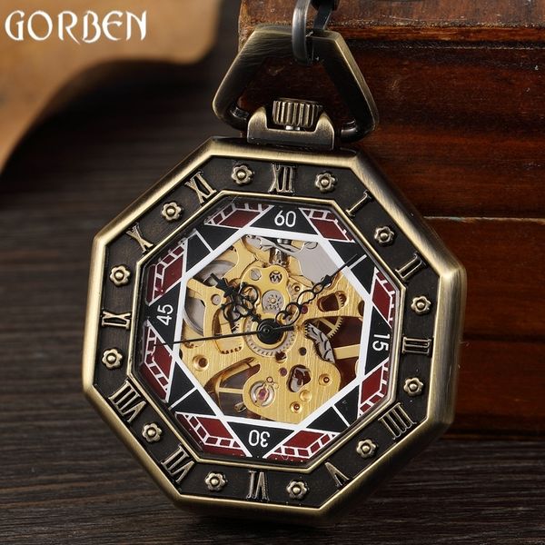 retro unique hexagonal roman number pocket watch fob chain steampunk poker new steel mechanical hand-winding bronze pocket watch t200502, Slivery;golden 
retro unique hexagonal roman number pocket watch fob chain steampunk poker new steel mechanical hand-winding bronze pocket watch t200502, Slivery;golden