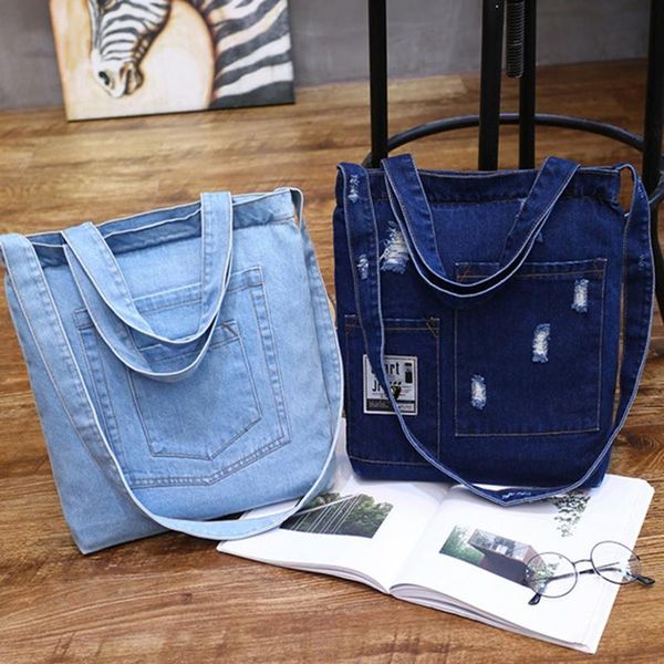 denim women's ripped shoulder bag fashion high-capacity denim shopping bag casual handbag student