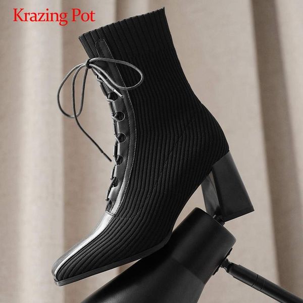 boots krazing pot sock real leather knitting mixed cloth square toe thick high heel lace up elegant lady fashion ankle l73, Black
boots krazing pot sock real leather knitting mixed cloth square toe thick high heel lace up elegant lady fashion ankle l73, Black
