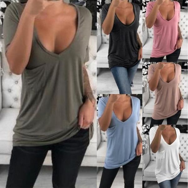 women running t-shirts deep v-neck female solid casual loose tee mujer summer short sleeve sports shirt with pocket1, Black;blue
women running t-shirts deep v-neck female solid casual loose tee mujer summer short sleeve sports shirt with pocket1, Black;blue