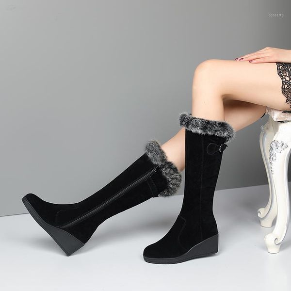 2020 new wedge heel round toe fur boots1, Black