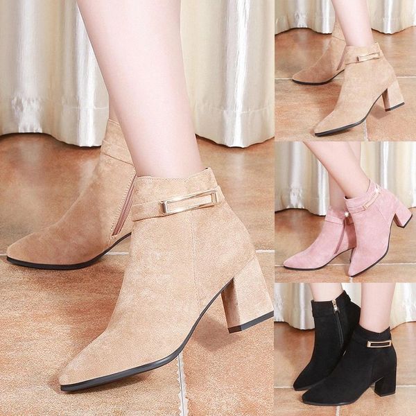 pink suede boots women's pointed square-heeled side zipper short-tube boots belt buckle high heel british style shoes #xh9n, Black