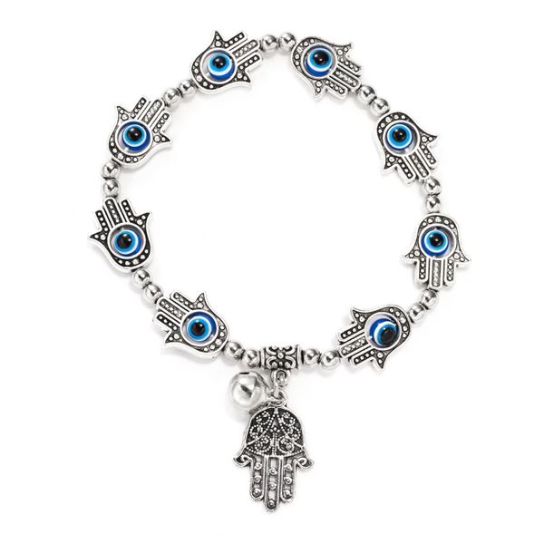 antique silver plated fatima hand blue evil eye charm stretch bracelets with small bell, Golden;silver
antique silver plated fatima hand blue evil eye charm stretch bracelets with small bell, Golden;silver