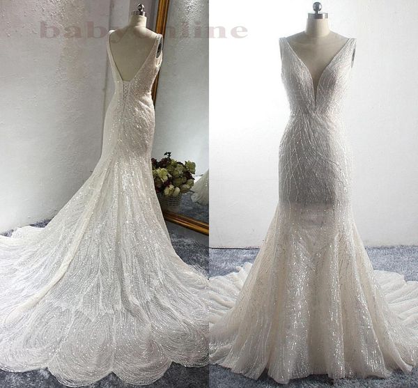 real ps luxurious mermaid wedding dresses 2021 v neck lace-up back vestidos de novia beads sequins wedding gowns, White
real ps luxurious mermaid wedding dresses 2021 v neck lace-up back vestidos de novia beads sequins wedding gowns, White
