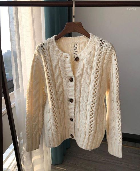 women's knitted sweater single breasted o-neck hollow out long sleeve cardigan, White
women's knitted sweater single breasted o-neck hollow out long sleeve cardigan, White
