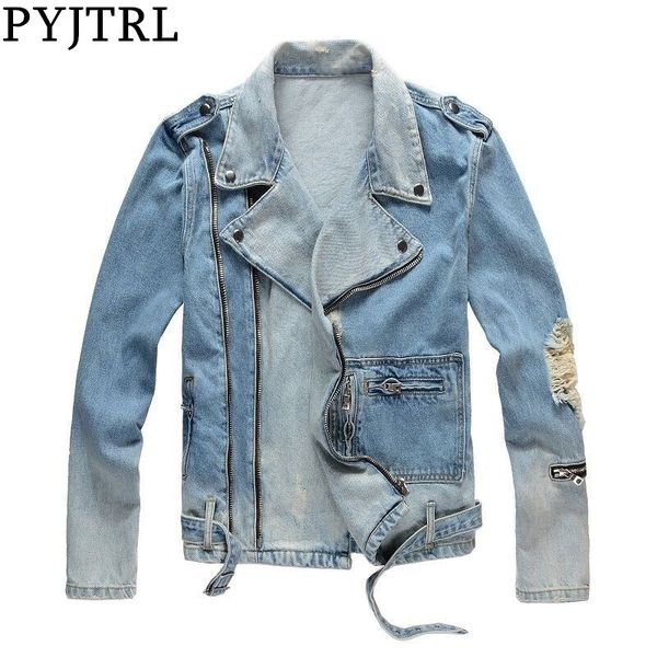 pyjtrl mens autumn winter thick holes ripped light blue denim jacket motorcycle streetwear zippers old fashioned coat outerwear 201116, Black;brown
pyjtrl mens autumn winter thick holes ripped light blue denim jacket motorcycle streetwear zippers old fashioned coat outerwear 201116, Black;brown