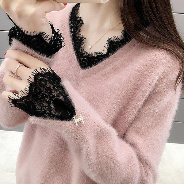 pink sweater for women v neck sweater lace patchwork pull femme hiver knitted fuzzy woman sweaters winter clothes 2020 korean, White;black
pink sweater for women v neck sweater lace patchwork pull femme hiver knitted fuzzy woman sweaters winter clothes 2020 korean, White;black