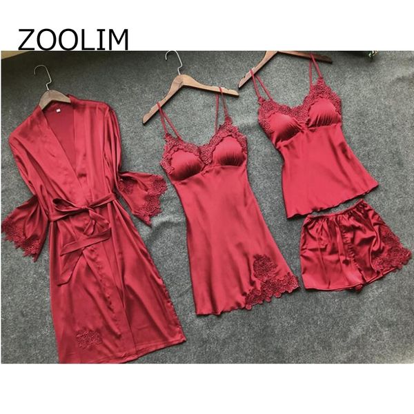 zoolim 4 pieces women pajamas sets satin sleepwear silk nightwear pyjama spaghetti strap sleep lounge pijama with chest pads y200425, Black;red
zoolim 4 pieces women pajamas sets satin sleepwear silk nightwear pyjama spaghetti strap sleep lounge pijama with chest pads y200425, Black;red