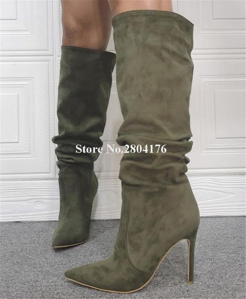 boots women fashion pointed toe suede leather stiletto heel knee high army green brown long dress shoes, Black
