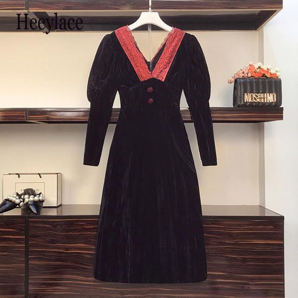 plus size women vintage black velvet dress women deep v neck lace patchwork christmas pleated puff long sleeve vestidos, Black;gray
plus size women vintage black velvet dress women deep v neck lace patchwork christmas pleated puff long sleeve vestidos, Black;gray