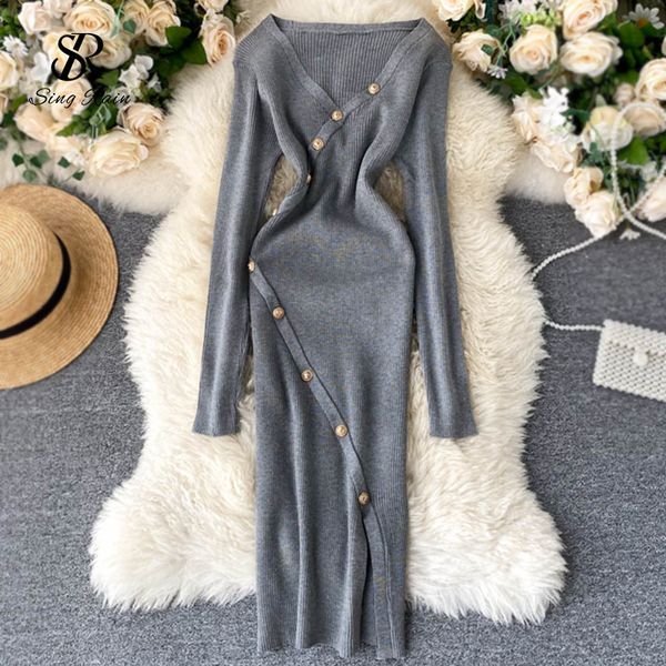 singrain women fashion knitted dress v neck long sleeve button slim dress autumn winter korean chic split sweater dress c1009
singrain women fashion knitted dress v neck long sleeve button slim dress autumn winter korean chic split sweater dress c1009