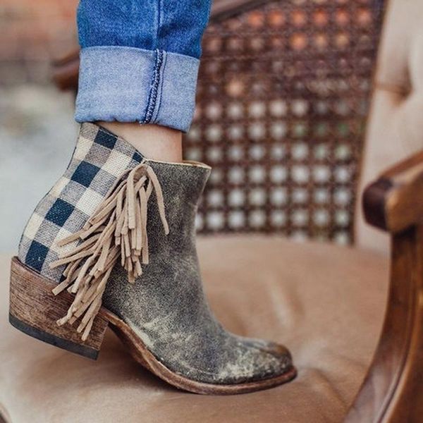autumn new and winter fringed plaid short boots thick mid-heel round toe side zipper women's boots patchwork western ankle, Black
autumn new and winter fringed plaid short boots thick mid-heel round toe side zipper women's boots patchwork western ankle, Black